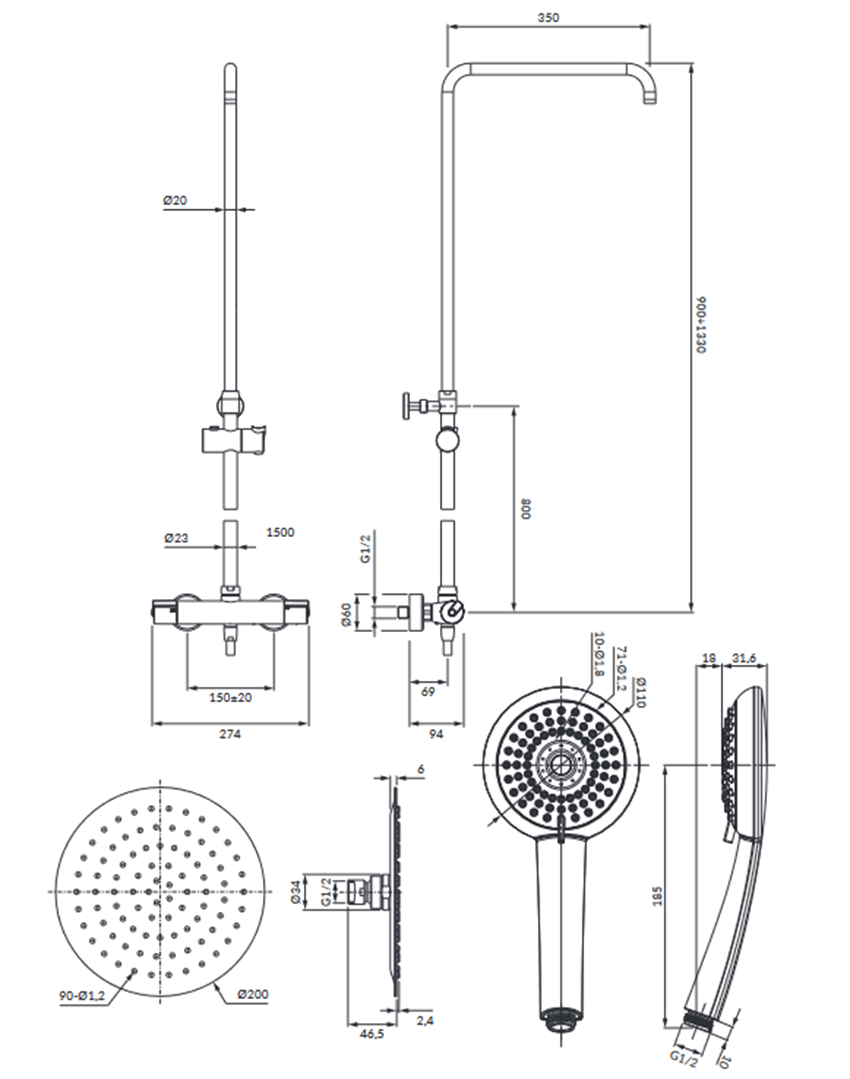 System prysznicowy natynkowy termostatyczny Omnires Y rysunek