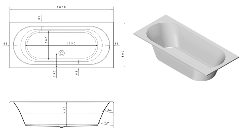 Wanna prostokątna do zabudowy ze stelażem 180x80 cm biała IÖ Mufi Duo rysunek