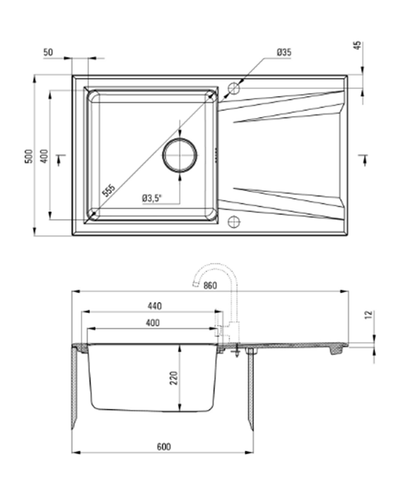 Zlewozmywaki Deante Prime ZSR A113 rys techniczny