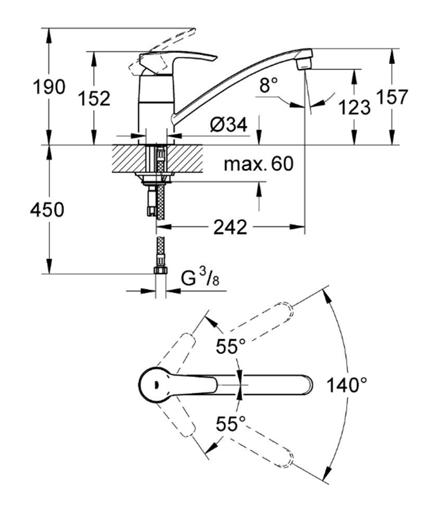 Bateria kuchenna Grohe Eurostyle 33977001 rys techniczny