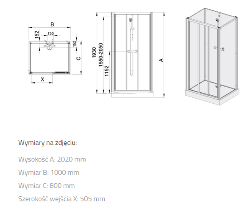 Zestaw kabina prysznicowa Sanplast Basic Complete W0 602-460-0820-01-4B0 rys techniczny