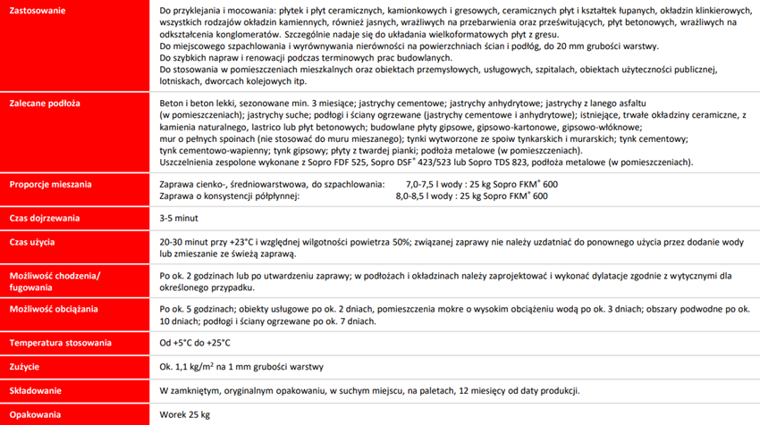 Klej Sopro FKM 600 karta techniczna