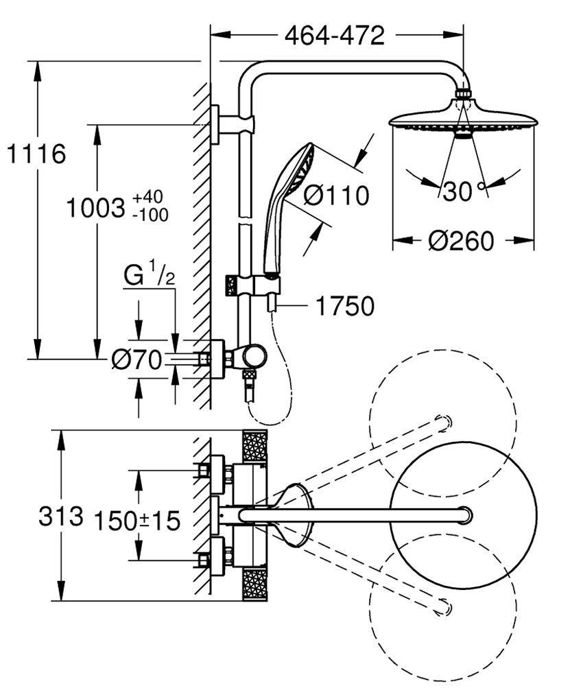 System prysznicowy z termostatem Grohe Euphoria System rysunek