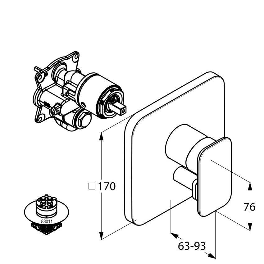 Podtynkowa bateria wannowo-natryskowa element zewnętrzny Kludi E2 rysunek techniczny