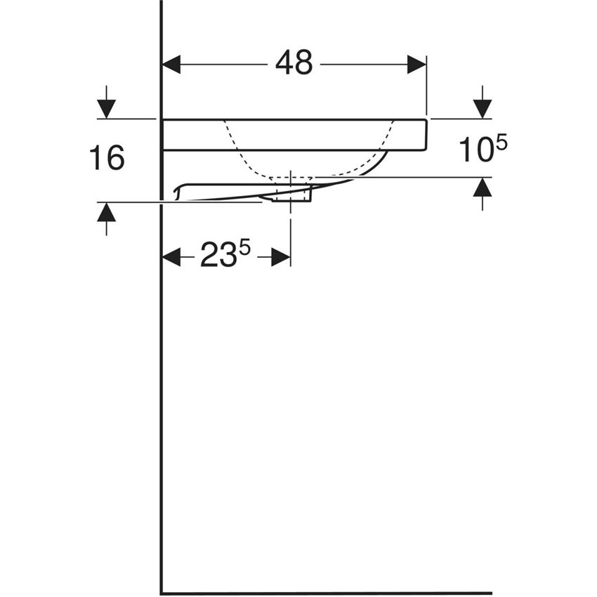 Umywalka ścienna z otworem na baterię z przelewem 90 cm Geberit iCon Light rysunek