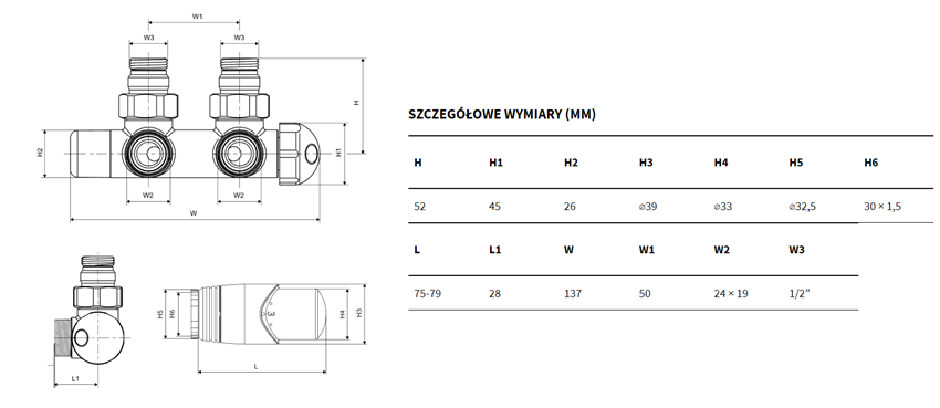 Zestaw termostatyczny Excellent Volaro 2.0 GREX.VO2.50P.GL rys techniczny