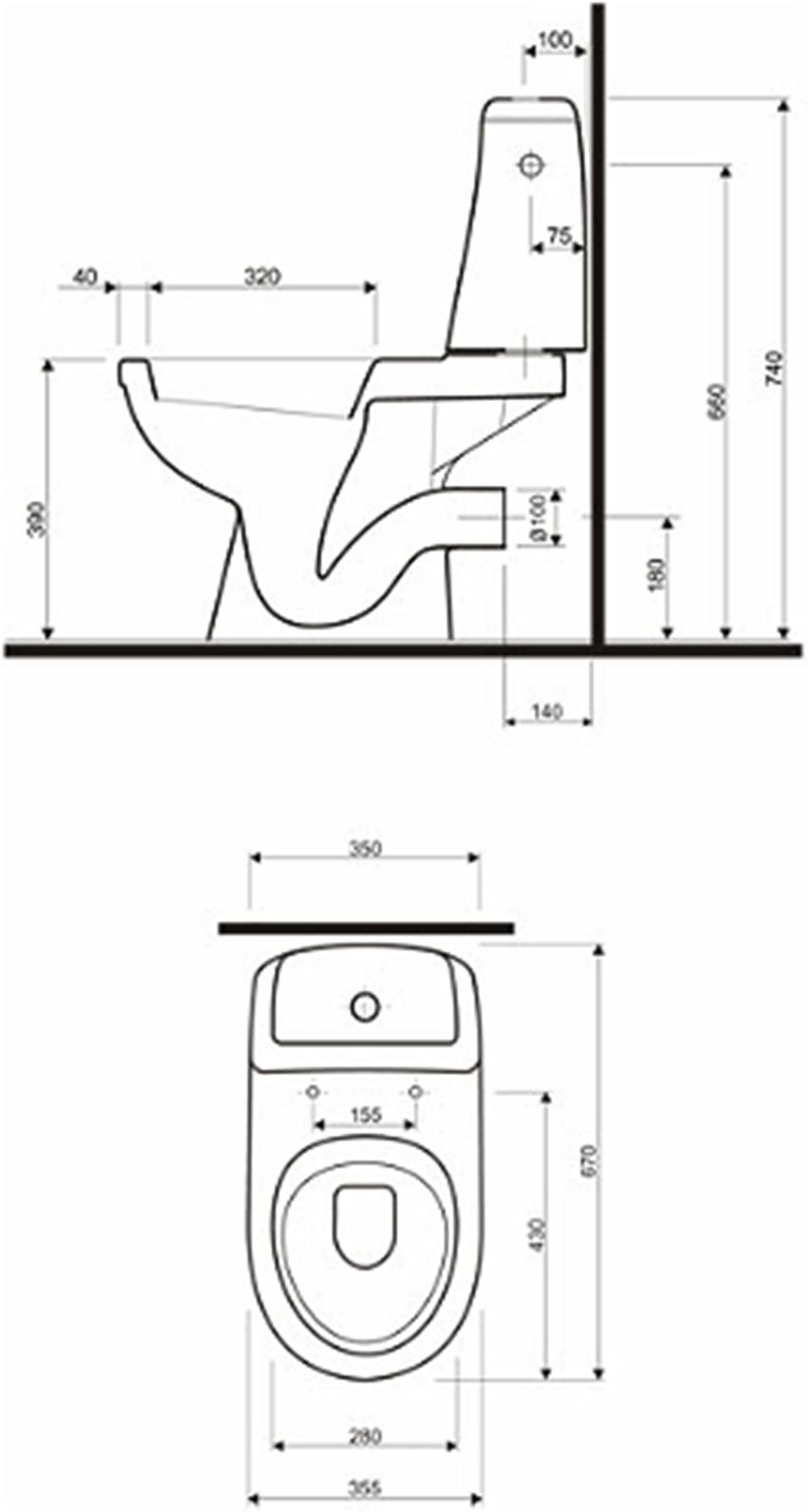 Zestaw WC kompakt odpływ poziomy Koło Solo rysunek techniczny