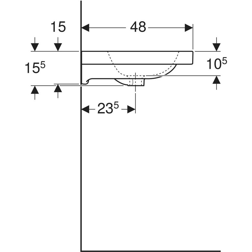 Umywalka ścienna z otworem na baterię bez przelewu 75 cm Geberit iCon Light rysunek