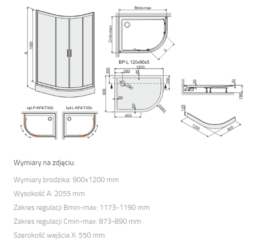 Kabina narożna z brodzikiem Sanplast TX 602-271-0310-38-501 rys techniczny