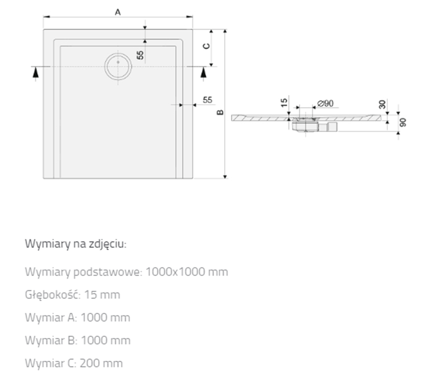 Brodzik Sanplast Space Mineral 645-410-0040-01-000 rys techniczny