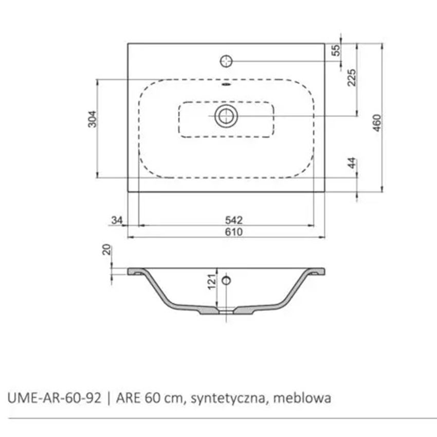 Umywalka meblowa syntetyczna 60 cm biała Oristo Are rysunek