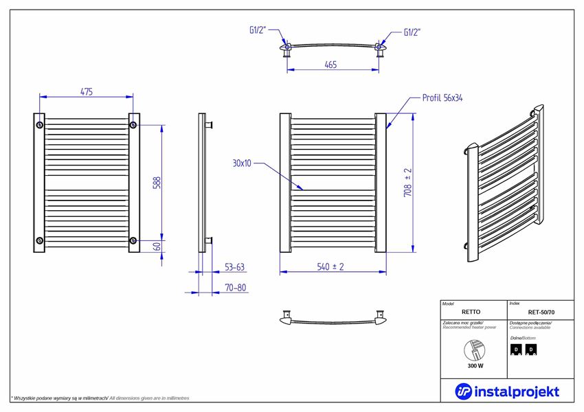 Grzejnik drabinkowy 50x70 cm Instal-Projekt Retto rysunek