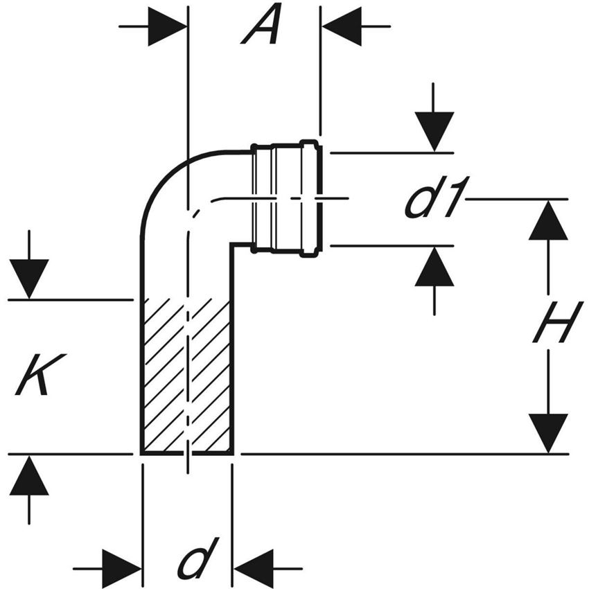 Kolano przyłączeniowe PE 90° do wiszącej miski WC Geberit rysunek