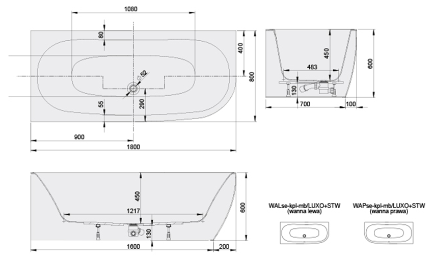 Wanna asymetryczna Sanplast Luxo 610-370-1220-01-000 rys techniczny