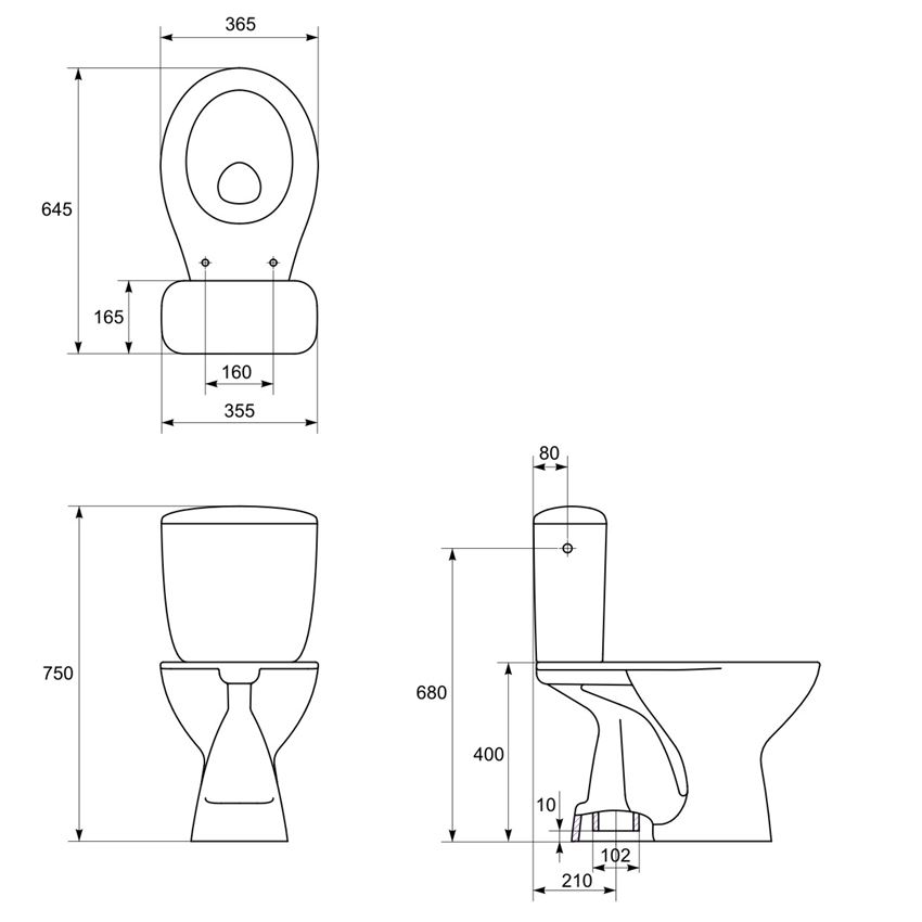 WC kompakt z deską polipropylenową Cersanit President rysunek techniczny