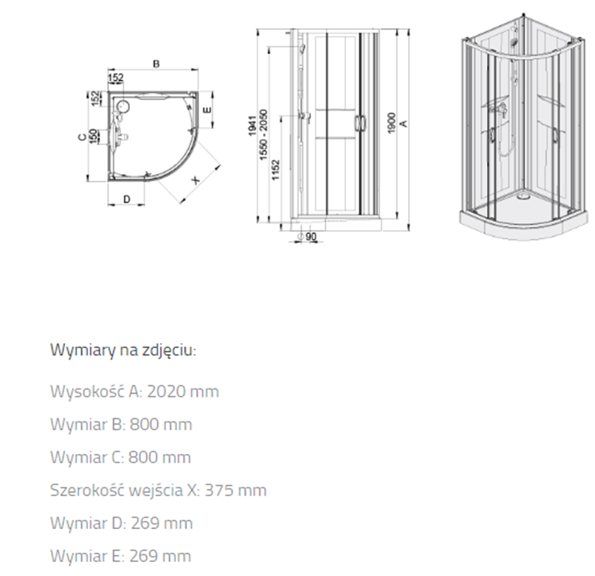 Komplet prysznicowy Sanplast Basic Complete 602-460-0920-01-4H0 rys techniczny