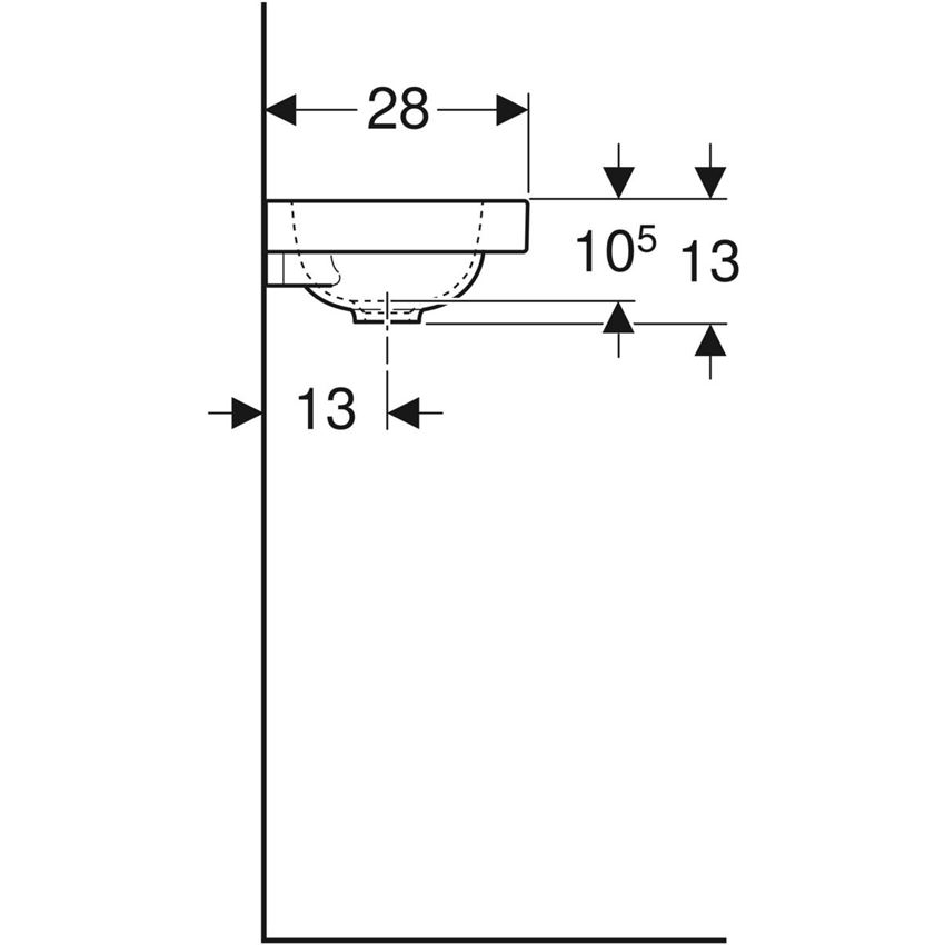 Umywalka kompaktowa bez otworu na baterię bez przelewu 38 cm biała/KeraTect Geberit iCon rysunek