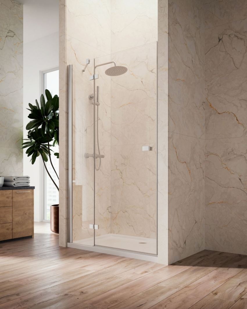 Drzwi prysznicowe jednoczęściowe lewe z elementem stałym w linii z profilem chrom połysk IÖ Vera