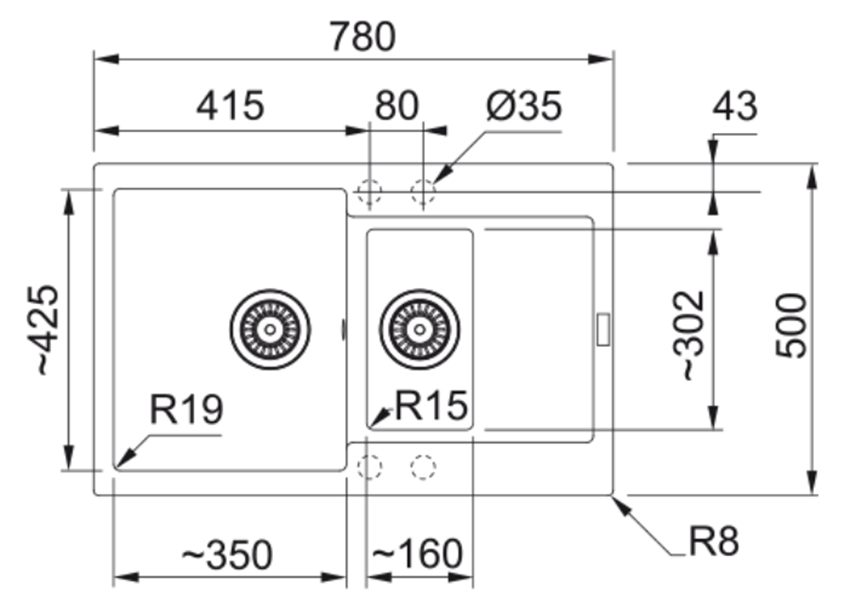 Zlew granitowy Franke Maris MRG 651-78 114.0716.347 rys techniczny