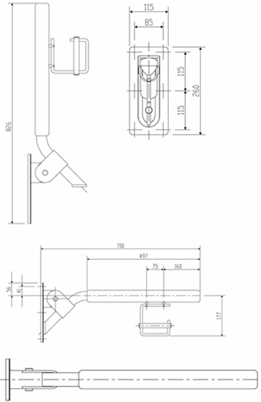 Poręcz uchylna z uchwytem papieru toaletowego 70 cm Koło Lehnen Evolution rysunek techniczny