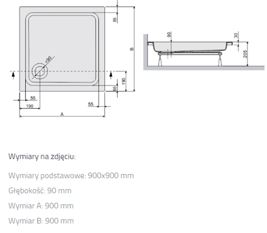 Brodzik Sanplast Free Line 615-040-0031-01-000 rys techniczny