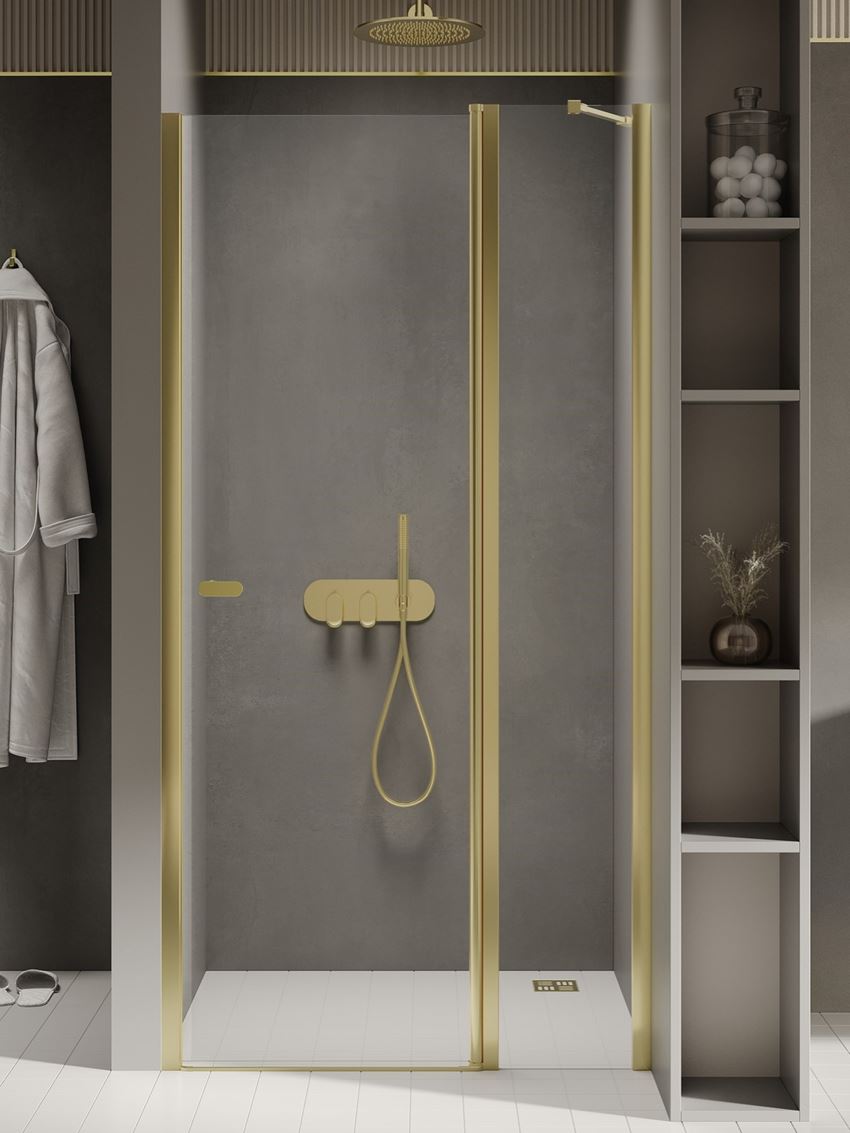 Drzwi prysznicowe plus ścianka z zawiasem szkło przezroczyste profile złote New Trendy New Soleo Light Gold