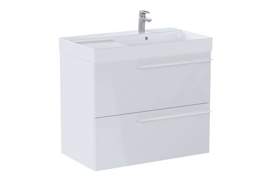 Zestaw łazienkowy Unik z 2 szufladami umywalka asymetryczna prawa 80 cm biały połysk Roca Ella