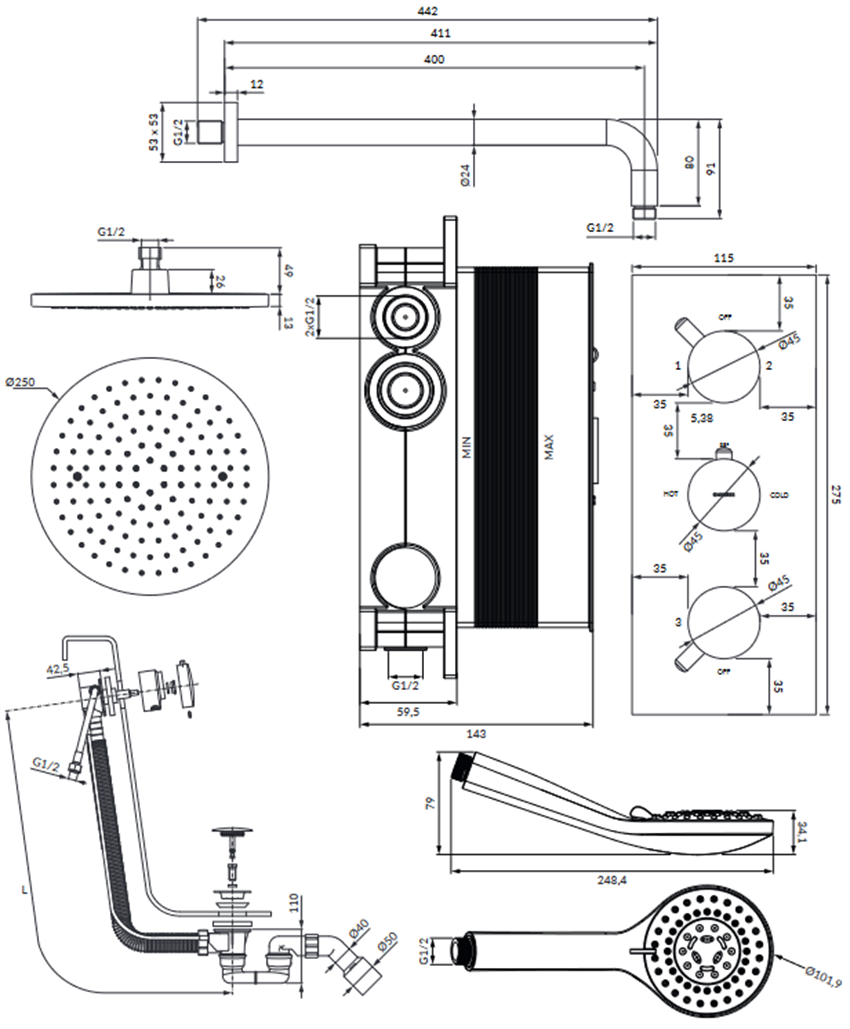 Termostatyczny system wannowy podtynkowy chrom Omnires Y rysunek