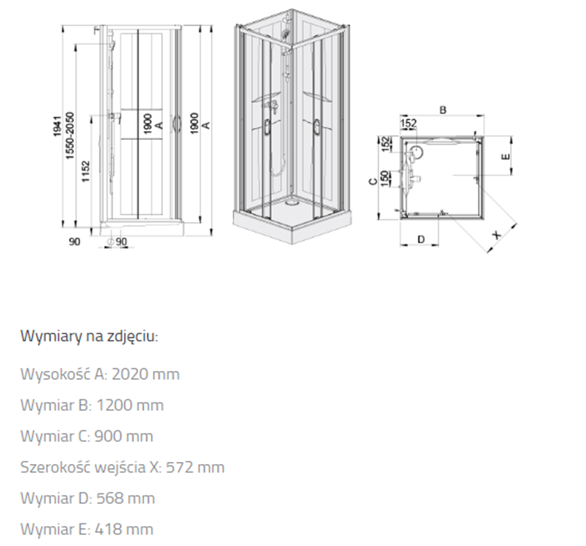 Kabina kompletna Sanplast Basic Complete 602-460-0170-01-4H0 rys techniczny