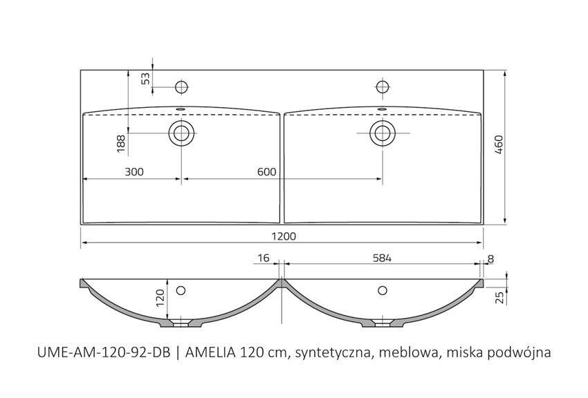 Umywalka meblowa podwójna 120x46 cm Oristo Amelia