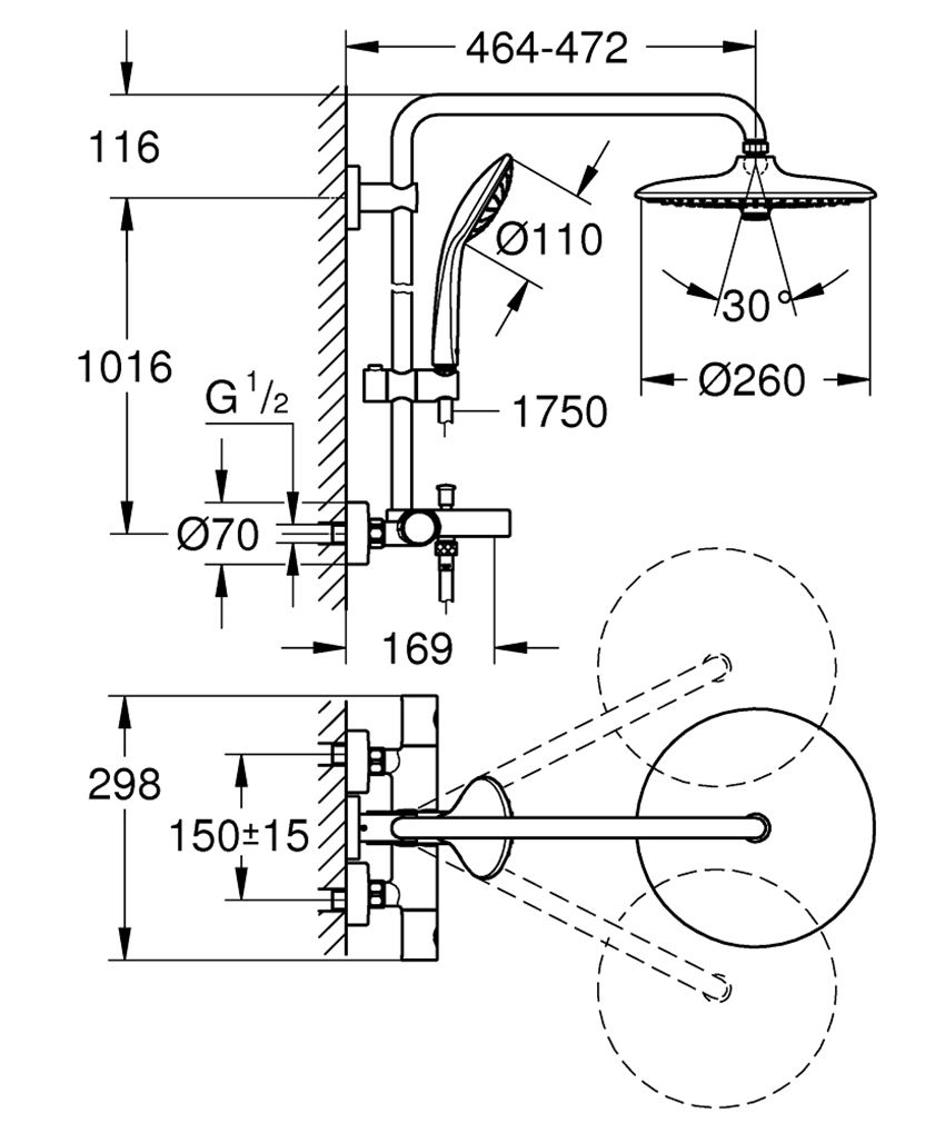 System wannowo-prysznicowy z termostatem do montażu ściennego Grohe Euphoria System 260 rysunek