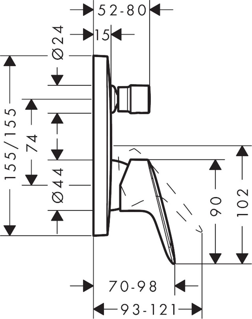 Jednouchwytowa bateria wannowa montaż podtynkowy Hansgrohe Logis rysunek techniczny