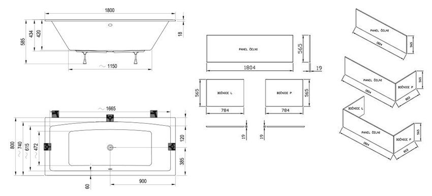 Wanna prostokątna Ravak Formy 02 Slim C891300000 rys techniczny