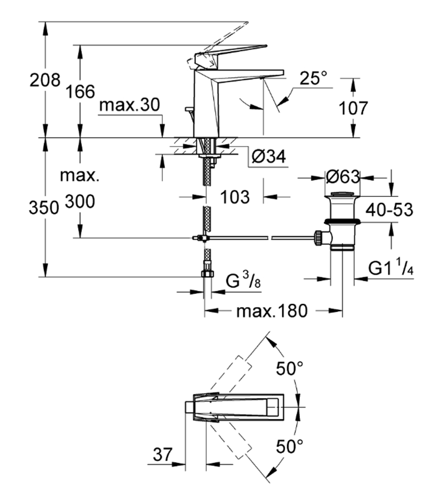 Bateria umywalkowa Grohe Allure Brilliant 24341000 rys techniczny