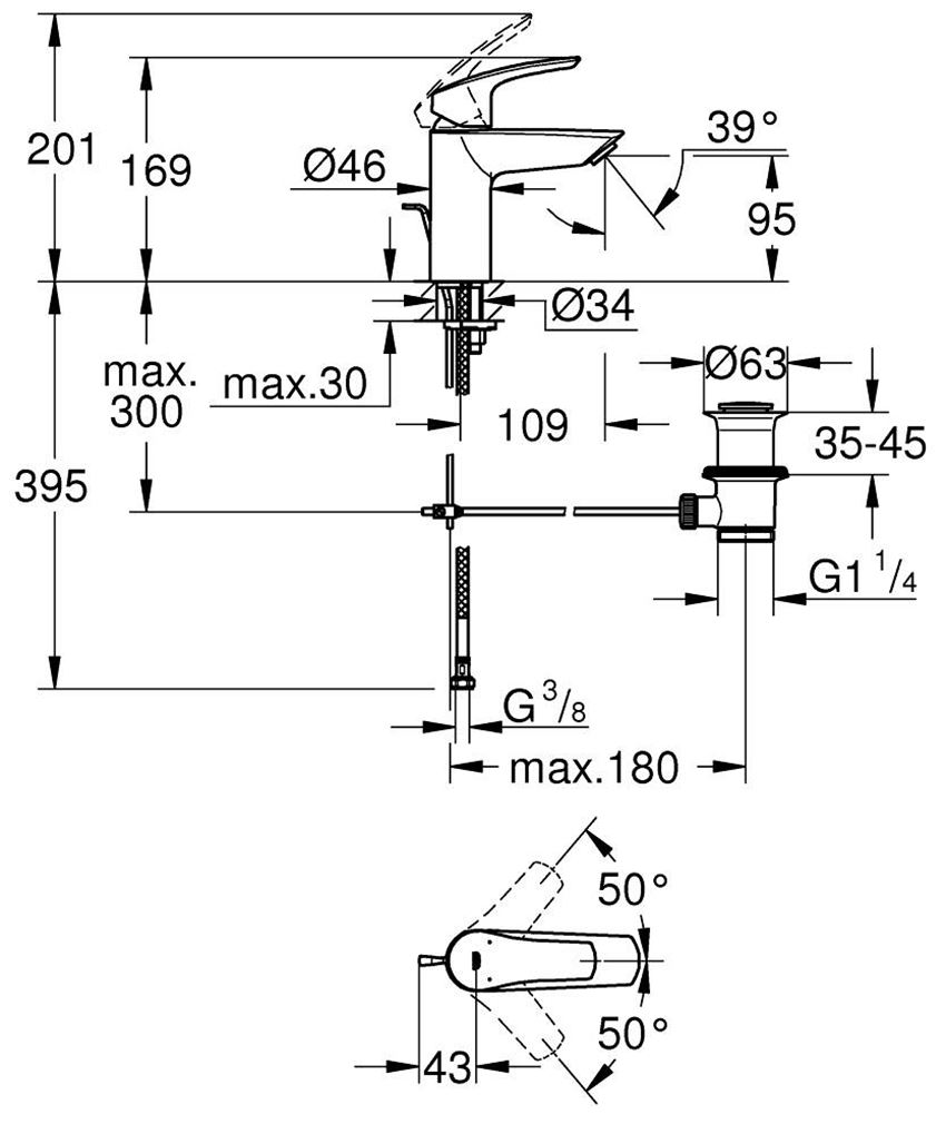 Bateria umywalkowa rozmiar S Grohe Eurosmart rysunek