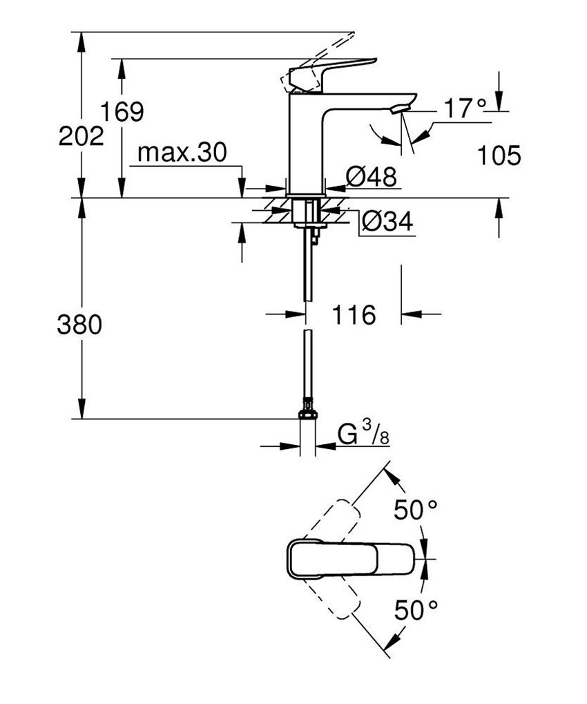 Bateria umywalkowa Rozmiar M Grohe Cubeo rysunek