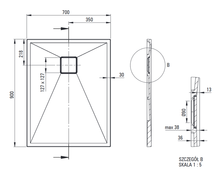 Brodzik prostokątny granitowy 70x90 cm Deante Correo rysunek