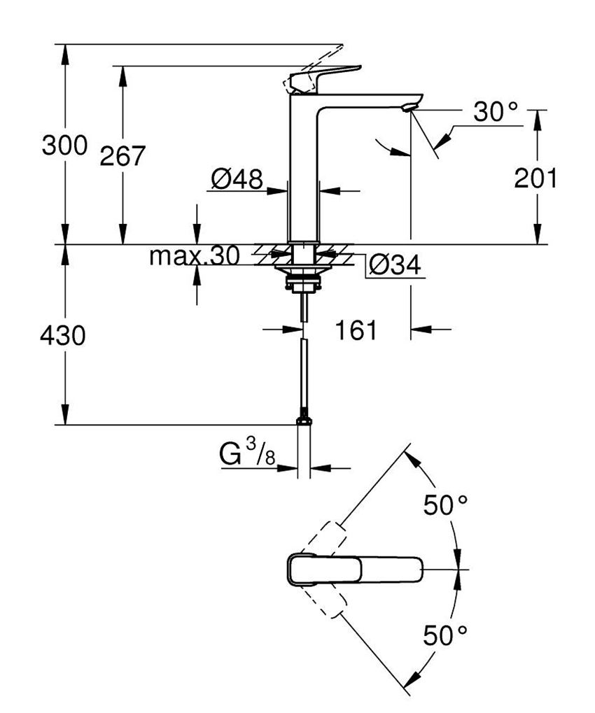 Bateria umywalkowa rozmiar XL Grohe Cubeo rysunek