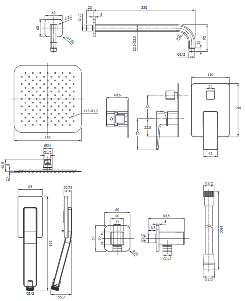 Kompletny łazienkowy system podtynkowy nikiel Omnires Parma rysunek