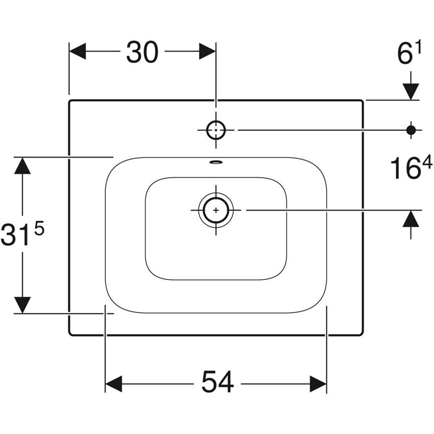 Umywalka meblowa prostokątna z otworem i przelewem 60 cm Geberit Selnova Squar rysunek