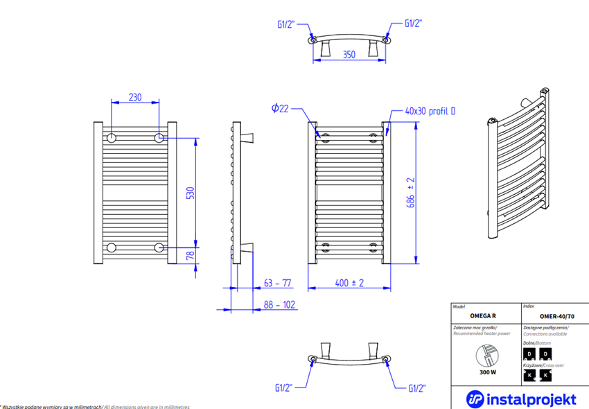 Grzejnik drabinkowy 40x70 cm Instal-Projekt Omega R rysunek