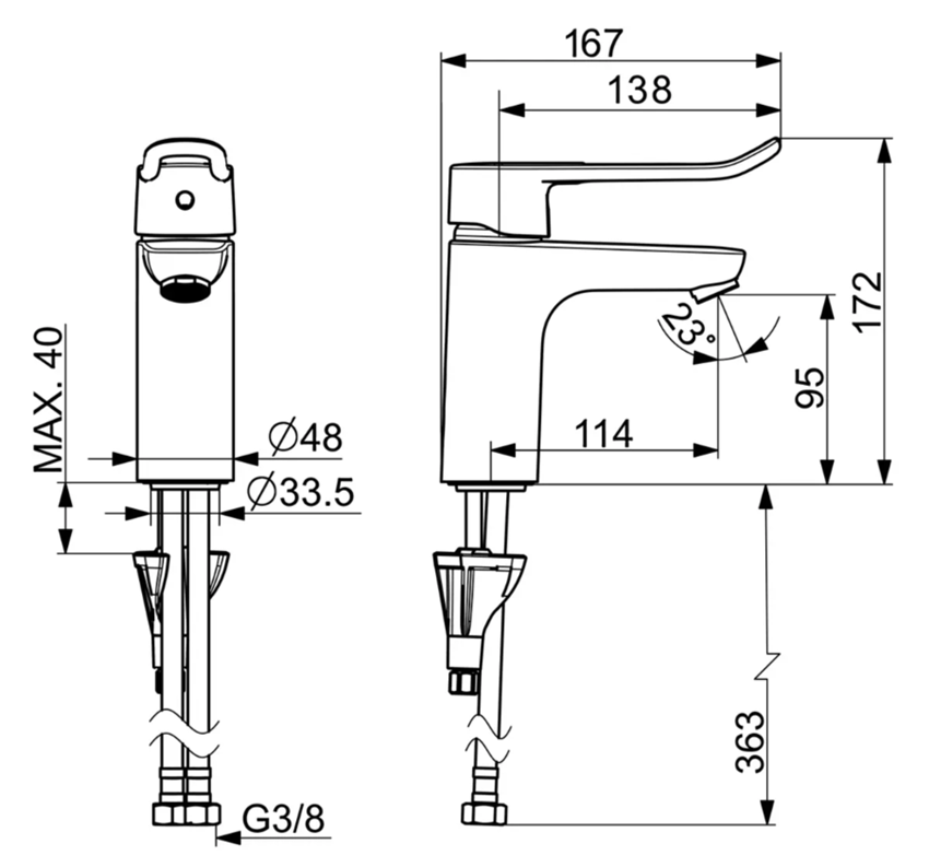 Bateria umywalkowa Oras Care 5791F rys techniczny