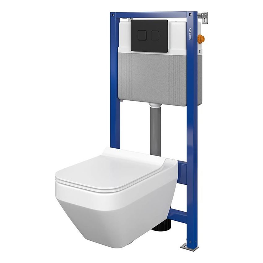 Stelaż podtynkowy do WC z miską Crea Square CleanOn i przyciskiem Accento Circle czarny mat Cersanit Aqua