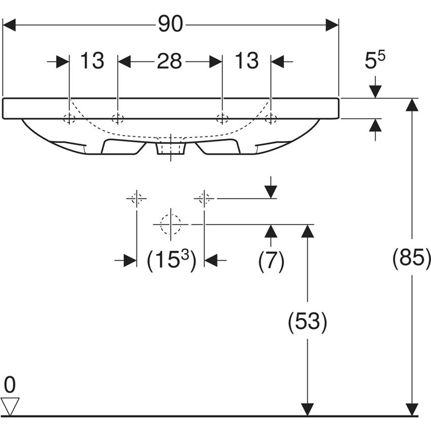 Umywalka ścienna z otworem na baterię z przelewem 90 cm Geberit iCon Light rysunek