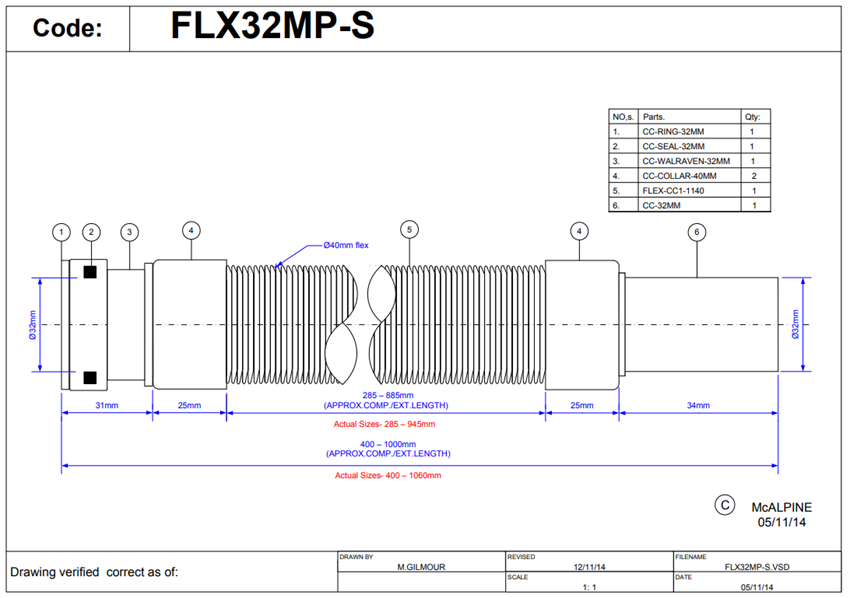 Złączka montażowa McAlpine FLX32MP-S rys techniczny