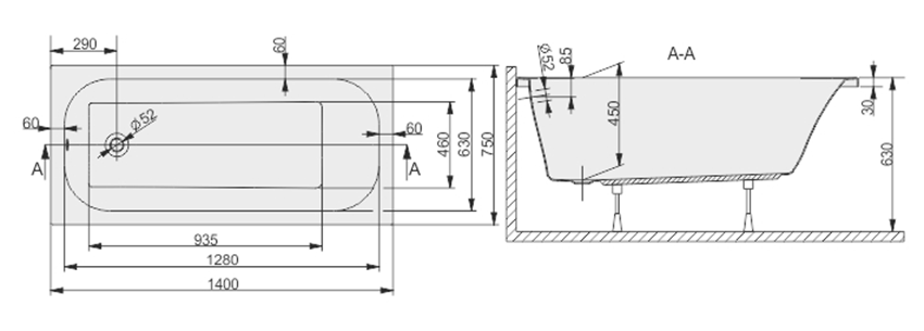 Wanna prostokątna Sanplast Free Line 610-040-0130-01-000 rys techniczny