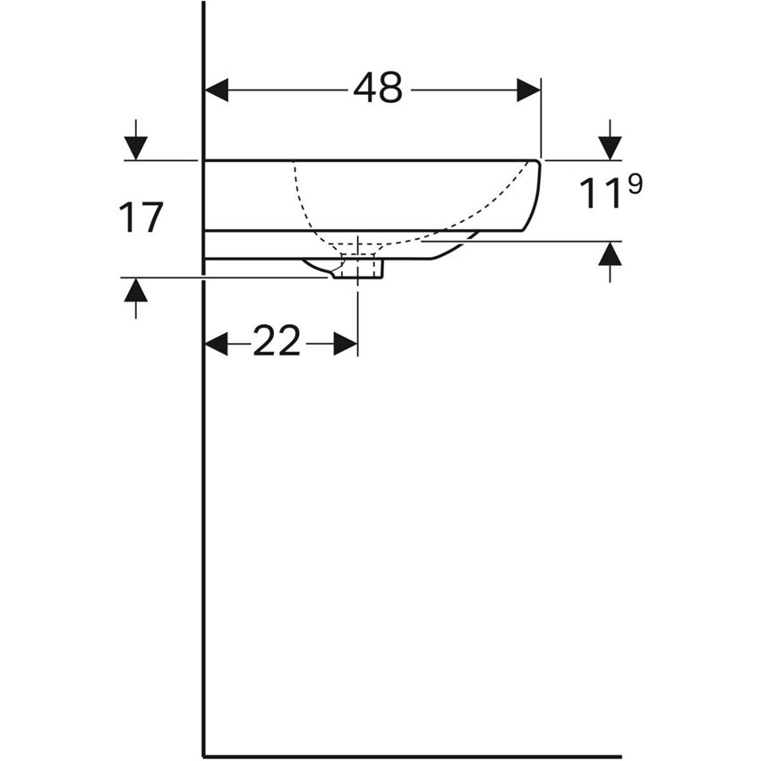 Umywalka ścienna z otworem na baterię z przelewem 70 cm Geberit Smyle Square rysunek