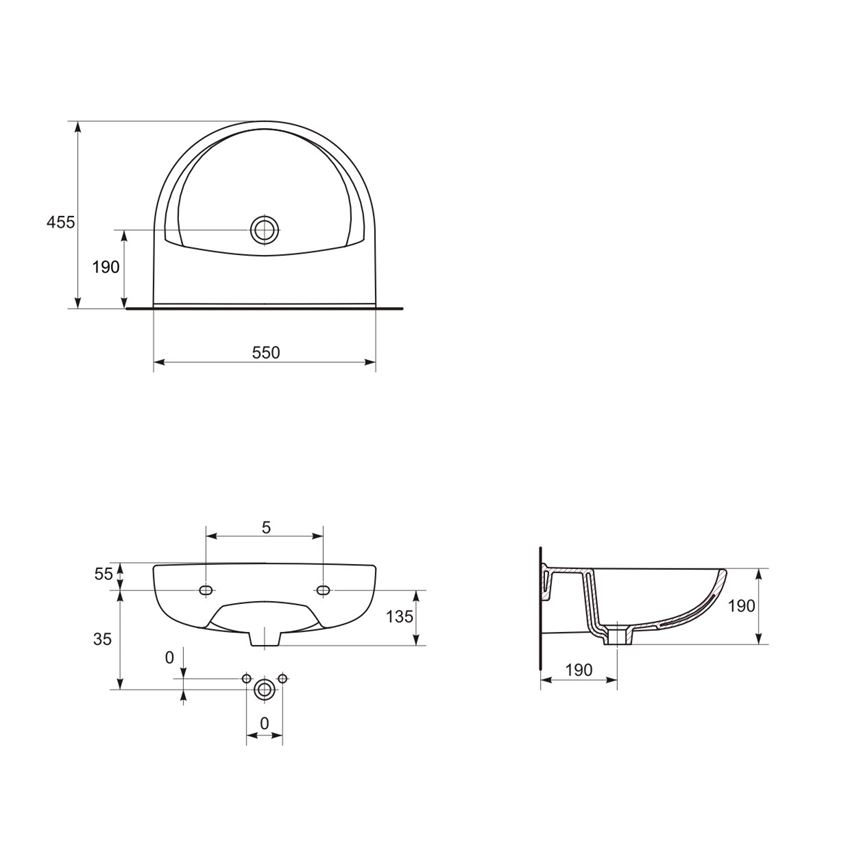 Umywalka wisząca 55 cm bez otworu Cersanit President rysunek techniczny