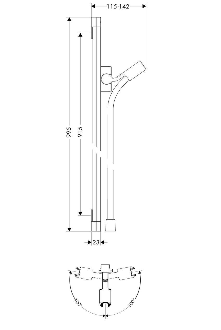 Drążek prysznicowy PuraVida 90 cm z wężem Hansgrohe Unica rysunek techniczny