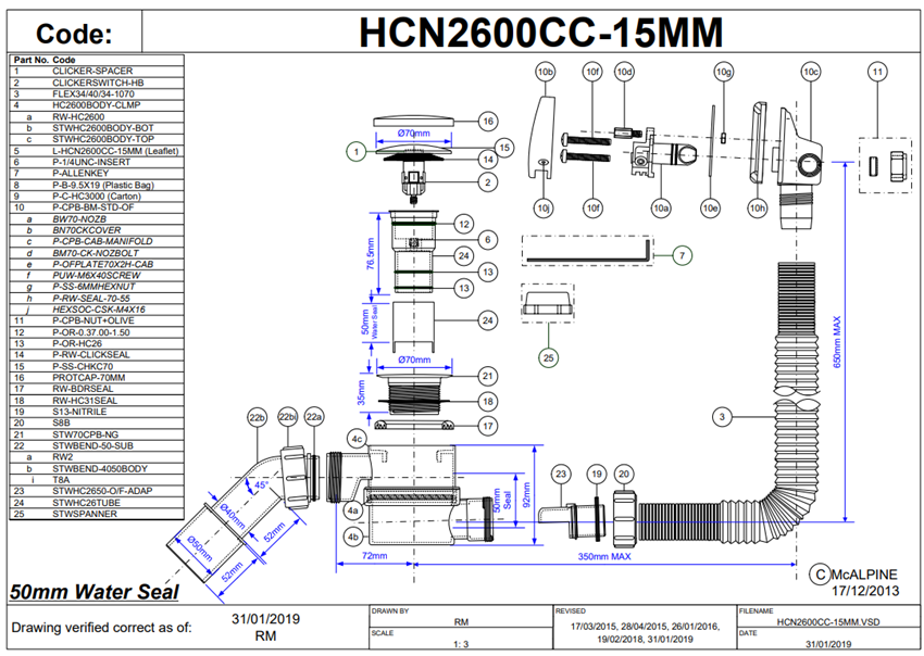 Zestaw odpływowo-przelewowy McAlpine HCN2600CC-15MM-MB rys techniczny
